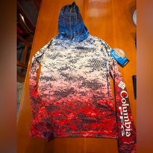 Unisex kid sz L 14/16 Columbia brand super terminal tackle hoodie red/white/blue